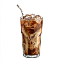 Iced coffee with milk foam on white background, editorial beverage image highlighting freshness, comfort, and the inviting charm of modern café culture