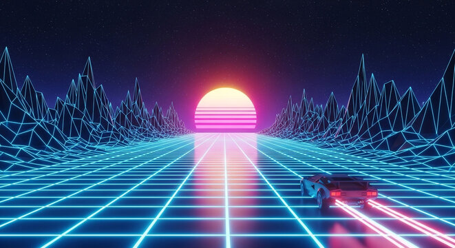 A retrofuturistic scene with a car driving on a grid road towards a neon sunset, blending vintage aesthetics with modern technology - Powered by Adobe