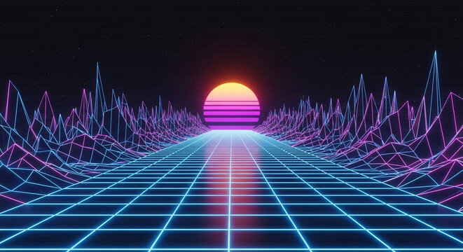 A retrofuturistic landscape with a grid road leading to a sunset in a neonlit world, evoking a sense of nostalgia and technological wonder