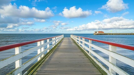 Wooden pier with white and red railings leading to the sea, blue sky and clouds, old bathhouse in distance
