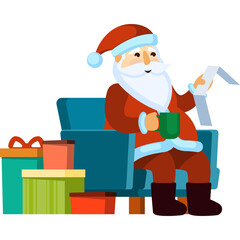 Jolly Santa Claus Wearing Red Suit and Hat Sitting in Armchair Holding Green Mug and List With Presents Wrapped in Green Red and Yellow Paper With Ribbons on Transparent Background