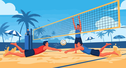 Beach Volleyball Players Diving for the Ball During a Game.