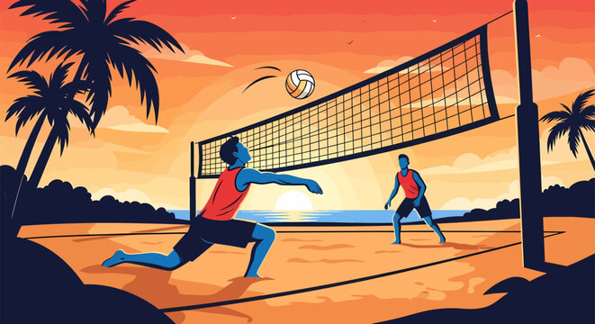 Beach volleyball game with two players in action sunset backdrop.