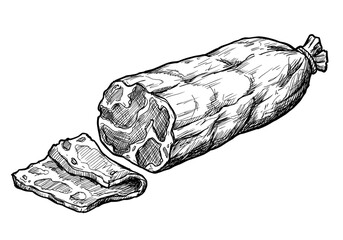 Biltong dried meat sausage illustration, vector line drawing for culinary design and traditional South African cuisine theme