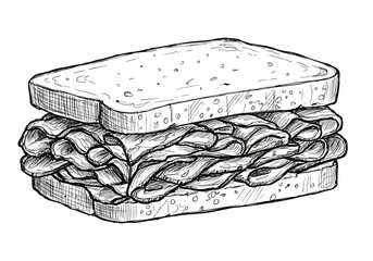 Montreal smoked meat sandwich with rye bread and beef slices, vector drawing for deli and Canadian cuisine theme