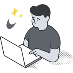 Man Sitting at Desk Pointing at Laptop Screen with Sparkle Effect in Gray and White Tones Simple Cartoon Style