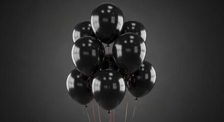  Shiny black party balloons floating together against a dark background for celebration