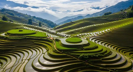 Keuken achterwand Rijstvelden Aerial view of the stunning terraced rice fields in mu cang chai, vietnam, showcasing the beauty of nature and the hard work of local farmers  © Atta