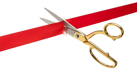 Golden scissors cutting a red ribbon isolated on transparent background