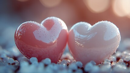 Fototapeta premium Two simple hearts, one white and one pink, floating on a gradient background 