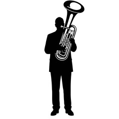 Naklejka premium Silhouette of a musician holding a tuba performing live music or concert