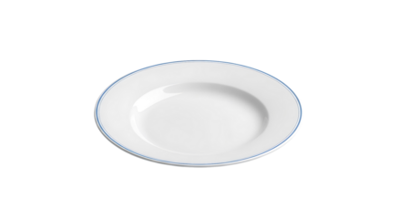 Simple white ceramic plate with a thin blue rim, isolated on transparent background
