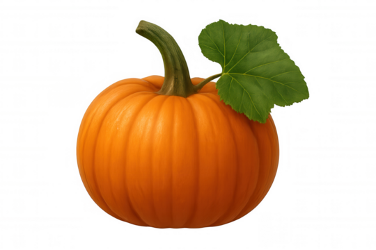 Ripe orange pumpkin with green stem and leaf, symbolizing autumn, harvest, and halloween celebration, transparent background