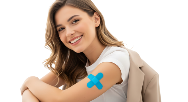 Young woman smiling with a blue bandage on her arm after vaccination isolated on transparent background