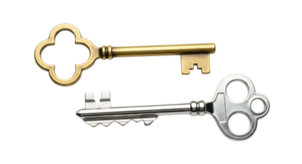 Two antique keys, one brass and one silver, isolated on transparent background