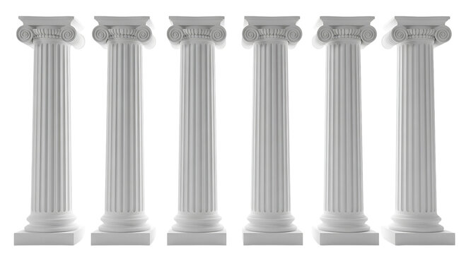 Six white doric columns in a row, isolated on transparent background