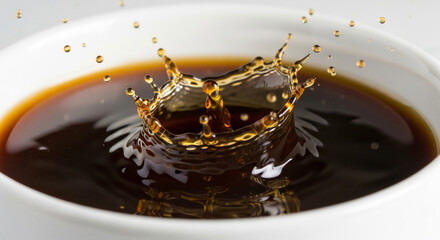 Soy sauce splash in a white bowl, capturing the dynamic moment of impact and creating a visually appealing and appetizing image