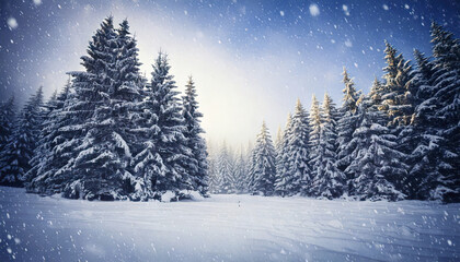 Fototapeta premium Snowy landscape with tall pine trees covered in fresh snow under soft glowing sky during gentle snowfall, creating peaceful and serene winter forest scene