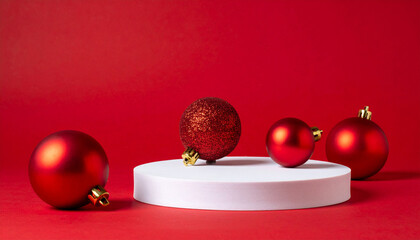 Christmas ornaments on a white podium against a red background.