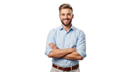 Smiling man with arms crossed wearing a blue shirt isolated on transparent background