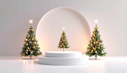 Christmas trees on a white podium with a star.