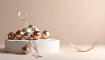 Elegant Christmas Ornaments Displayed on a White Pedestal.