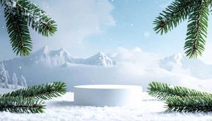 Winter Wonderland Scene with Snowy Mountains and Fir Branches.