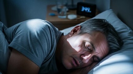 Peaceful middle-aged Caucasian man sleeping soundly in his bed during the early morning hours, illuminated by a soft light.