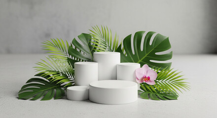 Minimalistic product display with white podiums surrounded by tropical leaves and a delicate orchid, creating a serene and natural presentation