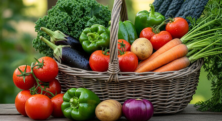 A wicker basket filled with fresh vegetables, including tomatoes, carrots, potatoes, peppers, eggplant, and kale, sitting on a wooden table
