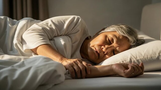 Peaceful elderly Asian woman sleeping comfortably in her bed with warm morning sunlight on her face - Powered by Adobe