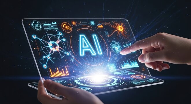 Hands holding tablet with holographic “AI” letters and neural network icons, futuristic digital innovation, glowing cyber blue-orange lighting