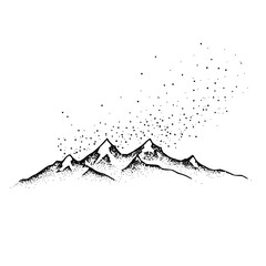 Obraz premium Mountain range illustration black and white drawing peaks landscape scenic view starry sky artistic design
