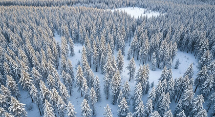 Aerial view of a snowcovered forest in winter, showcasing the serene beauty of nature and the pristine white landscape from above