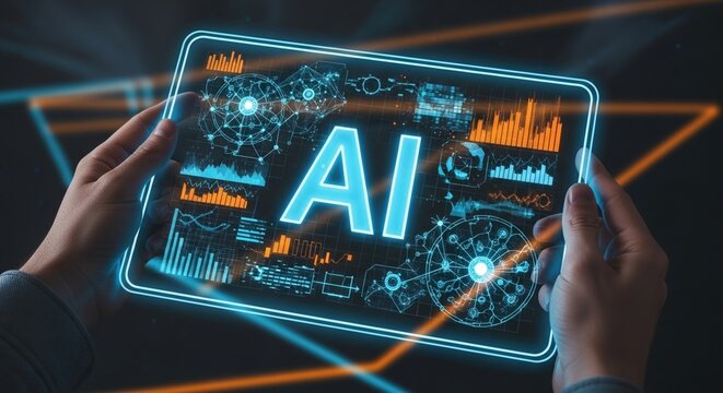 Hands holding tablet with holographic “AI” letters and neural network icons, futuristic digital innovation, glowing cyber blue-orange lighting