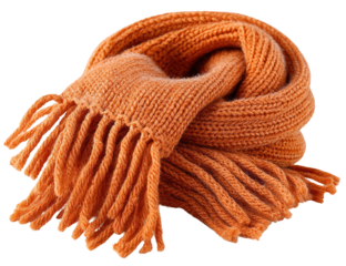 Knitted orange scarf with fringed ends, loosely draped and coiled shape