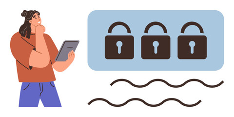 Person holding tablet, looking at three padlocks on screen, symbolizing data security. Ideal for cybersecurity, privacy, encryption, online safety, decision-making, digital security problem-solving