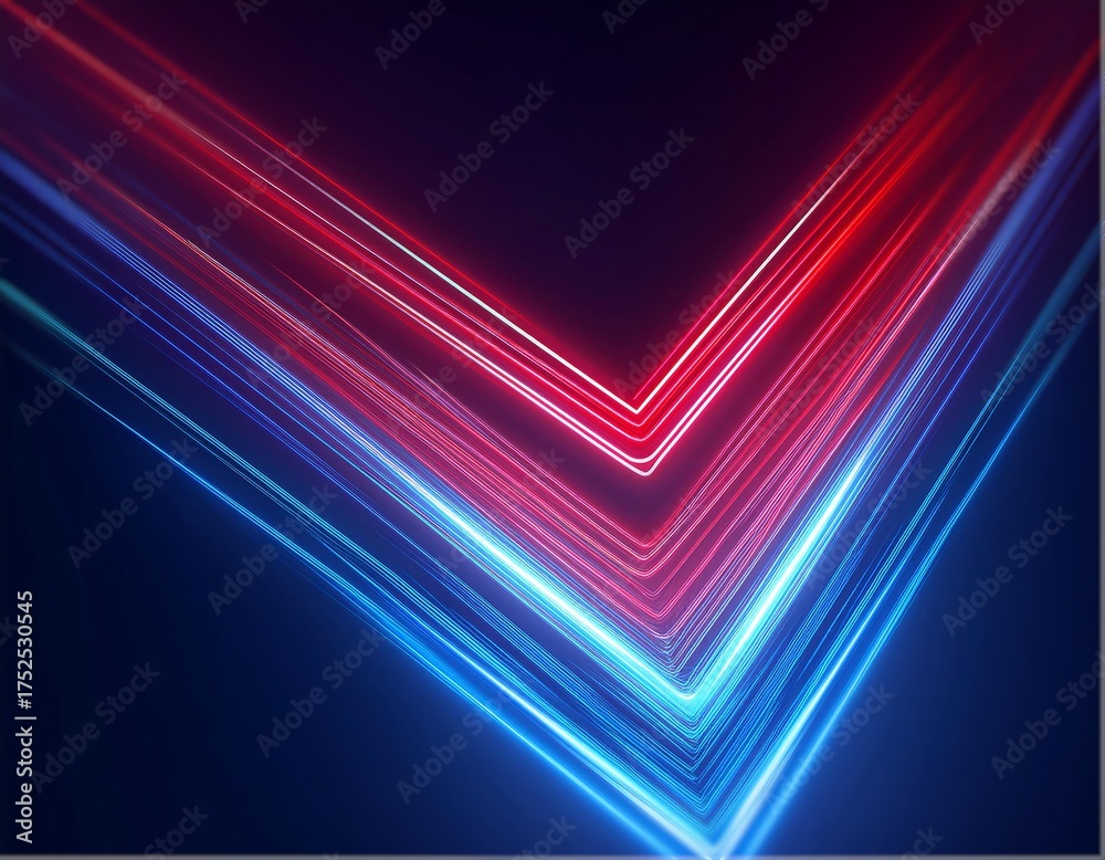 Wall mural image shows a vivid, futuristic v-shaped pattern. red and blue glowing lines converge, creating a se
