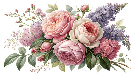 Elegant floral arrangement featuring pink roses and purple lilacs with a black backdrop artistic presentation