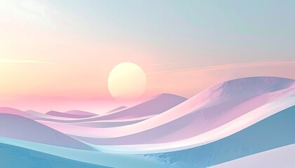 A serene and minimalist desert landscape featuring smooth, flowing dunes in soft pastel colors under a glowing sun, an aesthetic wallpaper