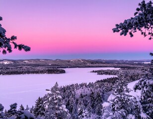Winter landscape with snowy pine trees, frozen lake, and pink sunset sky in serene mountain scenery