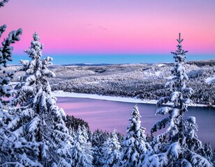 Winter landscape with snowy pine trees, frozen lake, and pink sunset sky in serene mountain scenery