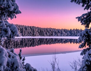 Winter landscape with snowy pine trees, frozen lake, and pink sunset sky in serene mountain scenery