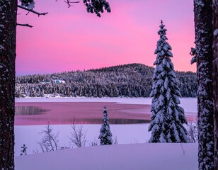Winter landscape with snowy pine trees, frozen lake, and pink sunset sky in serene mountain scenery