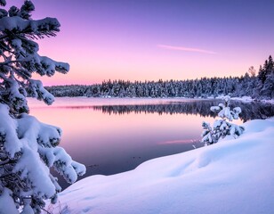 Winter landscape with snowy pine trees, frozen lake, and pink sunset sky in serene mountain scenery