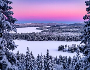 Winter landscape with snowy pine trees, frozen lake, and pink sunset sky in serene mountain scenery