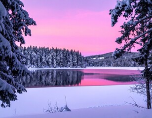 Winter landscape with snowy pine trees, frozen lake, and pink sunset sky in serene mountain scenery