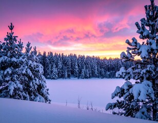 Winter landscape with snowy pine trees, frozen lake, and pink sunset sky in serene mountain scenery