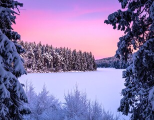 Winter landscape with snowy pine trees, frozen lake, and pink sunset sky in serene mountain scenery