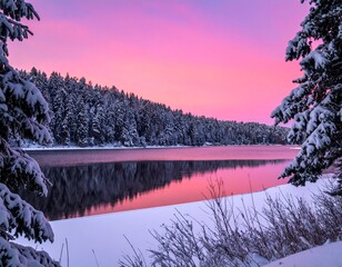 Winter landscape with snowy pine trees, frozen lake, and pink sunset sky in serene mountain scenery